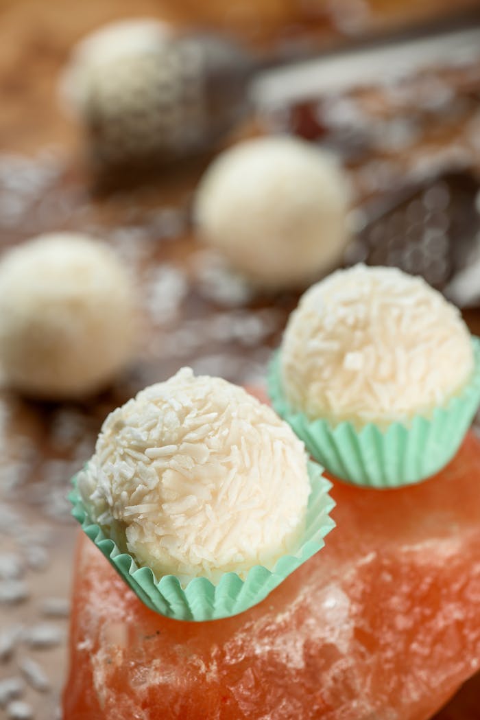 Close-up of coconut ladoo desserts on Himalayan salt, showcasing texture and flavor.